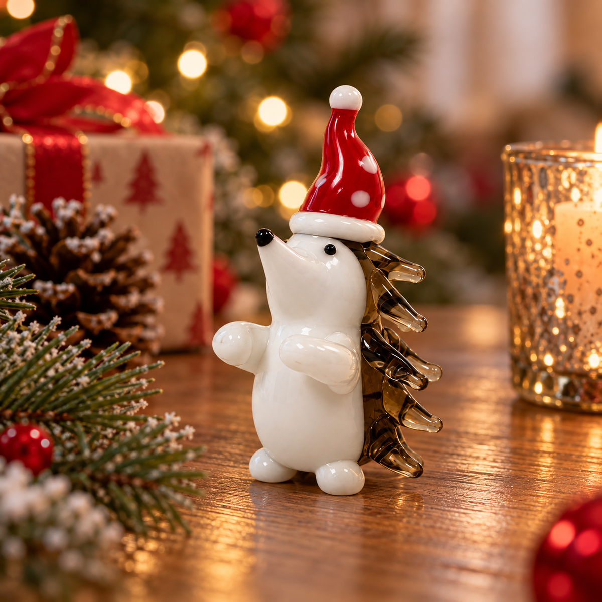 Glass Hedgehog in Santa Hat – Christmas Miniature Figurine