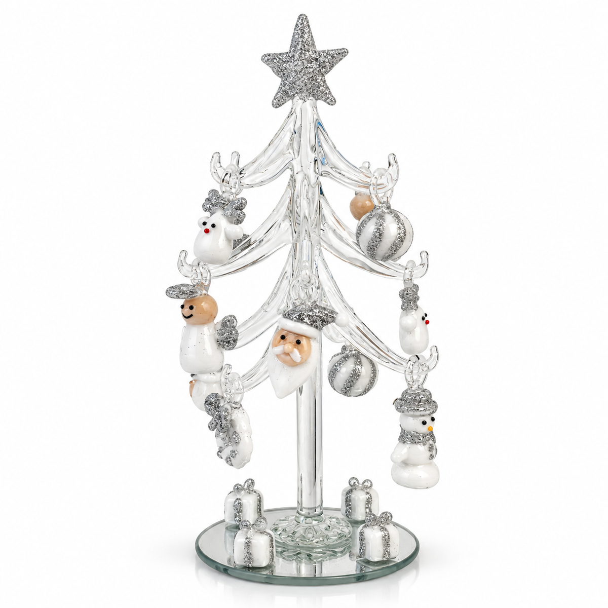 Glass Christmas Tree with Hanging Ornaments – 20cm – Clear/Silver