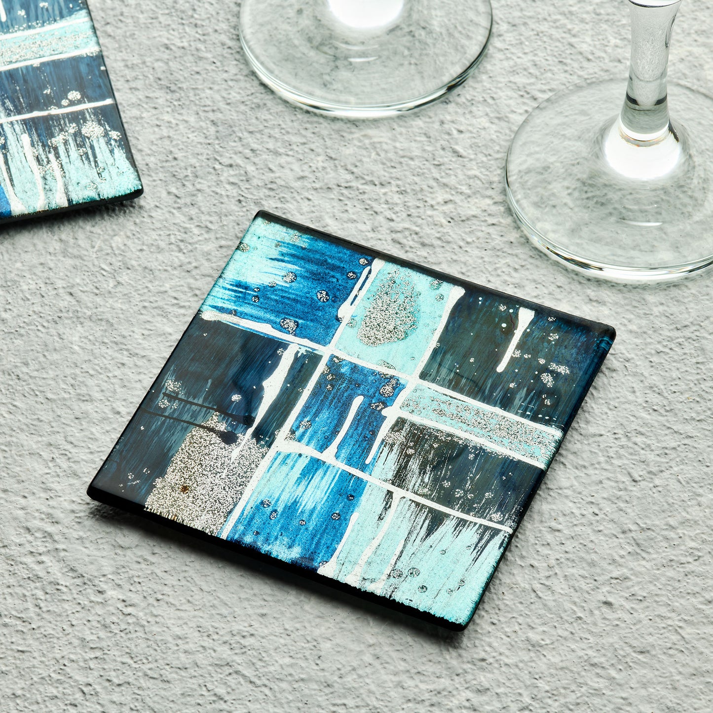 Set of 4 Coasters - Piazza - Blue - Sienna Glass