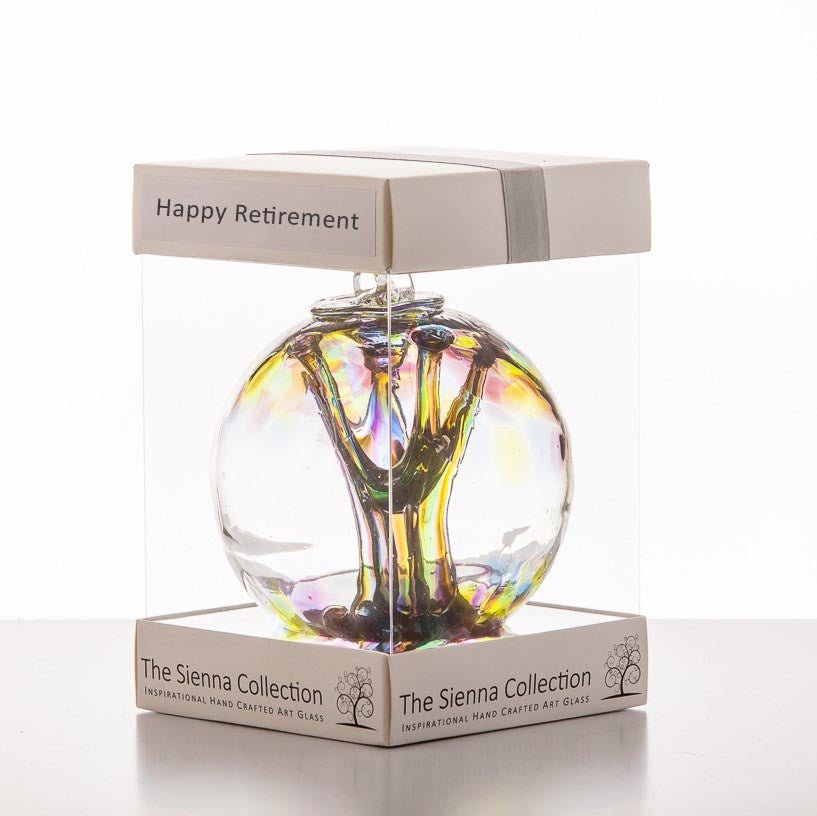 10cm Spirit Ball - Happy Retirement - Purple, Green & Blue - Sienna Glass