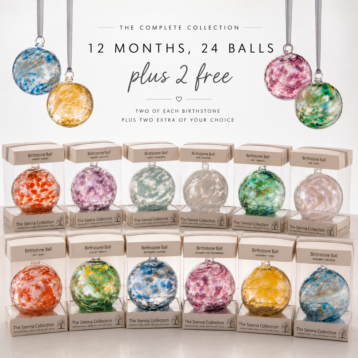 Birthstone Ball Collection Display Set | 24 Handcrafted Glass Balls + 2 FREE