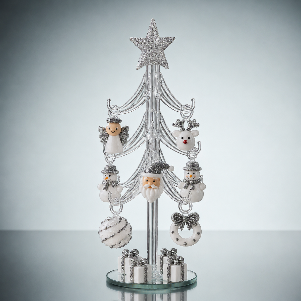 Glass Christmas Tree with Hanging Ornaments – 20cm – Clear/Silver