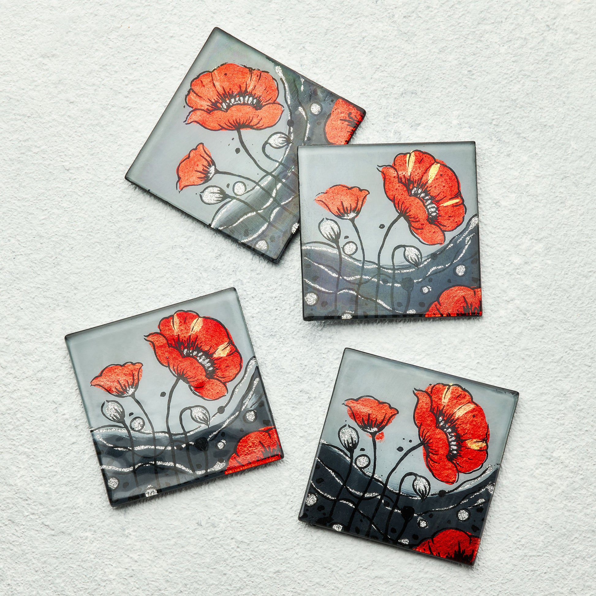 Set of 4 Coasters - Wild Poppy - Sienna Glass