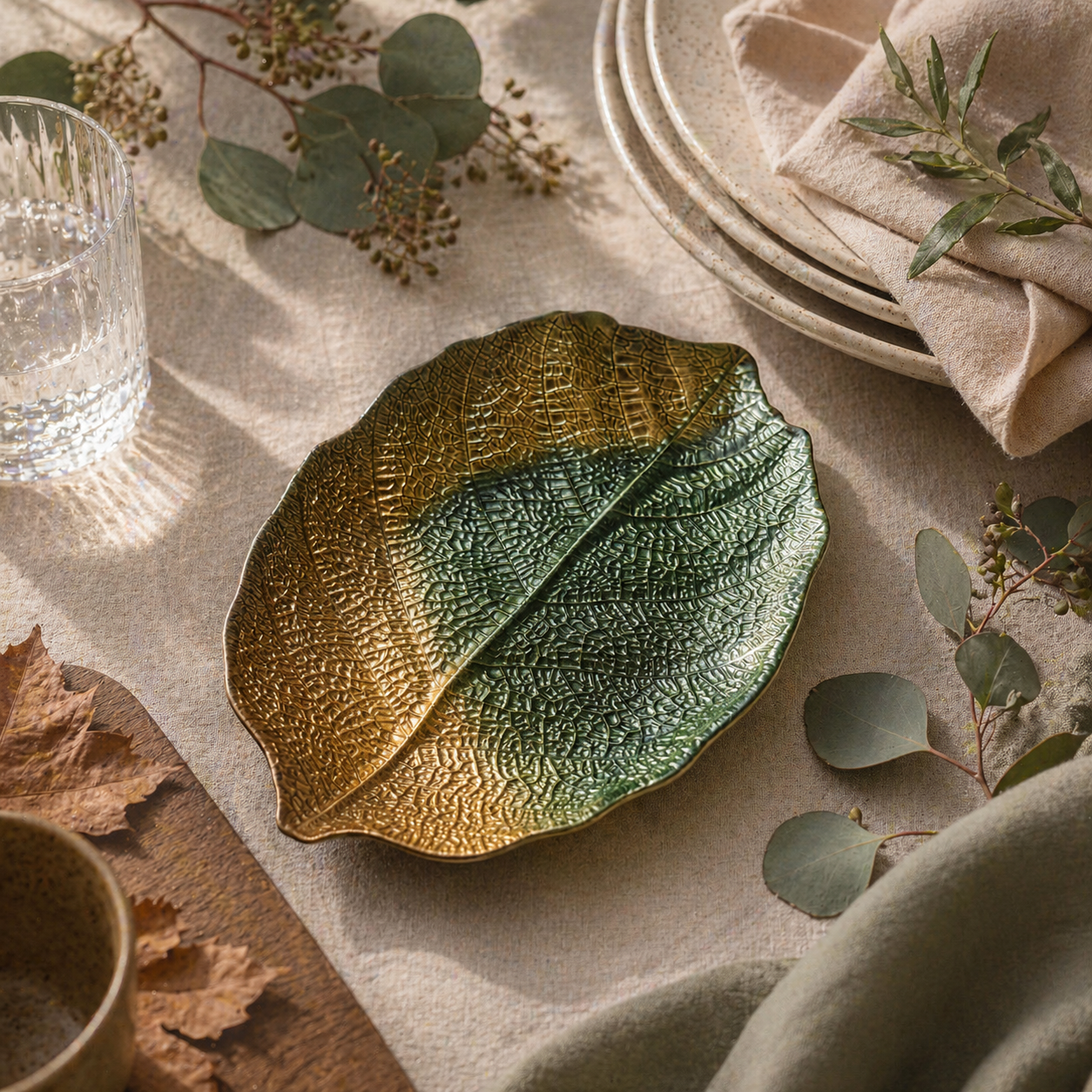 28cm Glass Plate - Leaf Design - Green & Gold