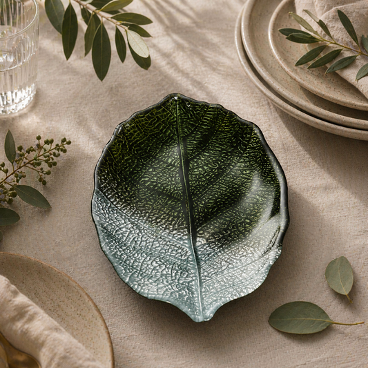 28cm Glass Plate - Leaf Design - Green & Silver