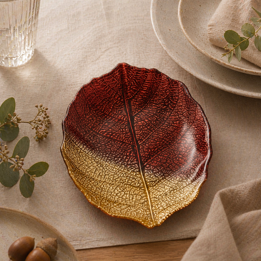 28cm Glass Plate - Leaf Design - Brown & Gold