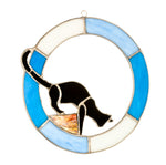 Hanging Stained Glass Circle - Cat Design - Blue - "Ready to Pounce"