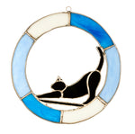 Hanging Stained Glass Circle - Cat Design - Blue - "Time to Wake Up" | Sienna  Glass 