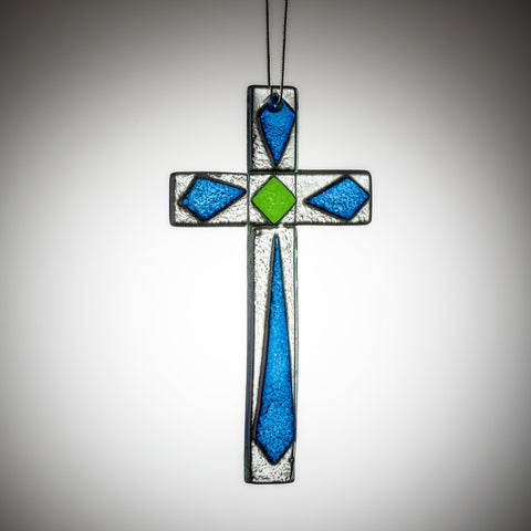 Hanging Glass Cross - Green & Blue | Sienna  Glass 